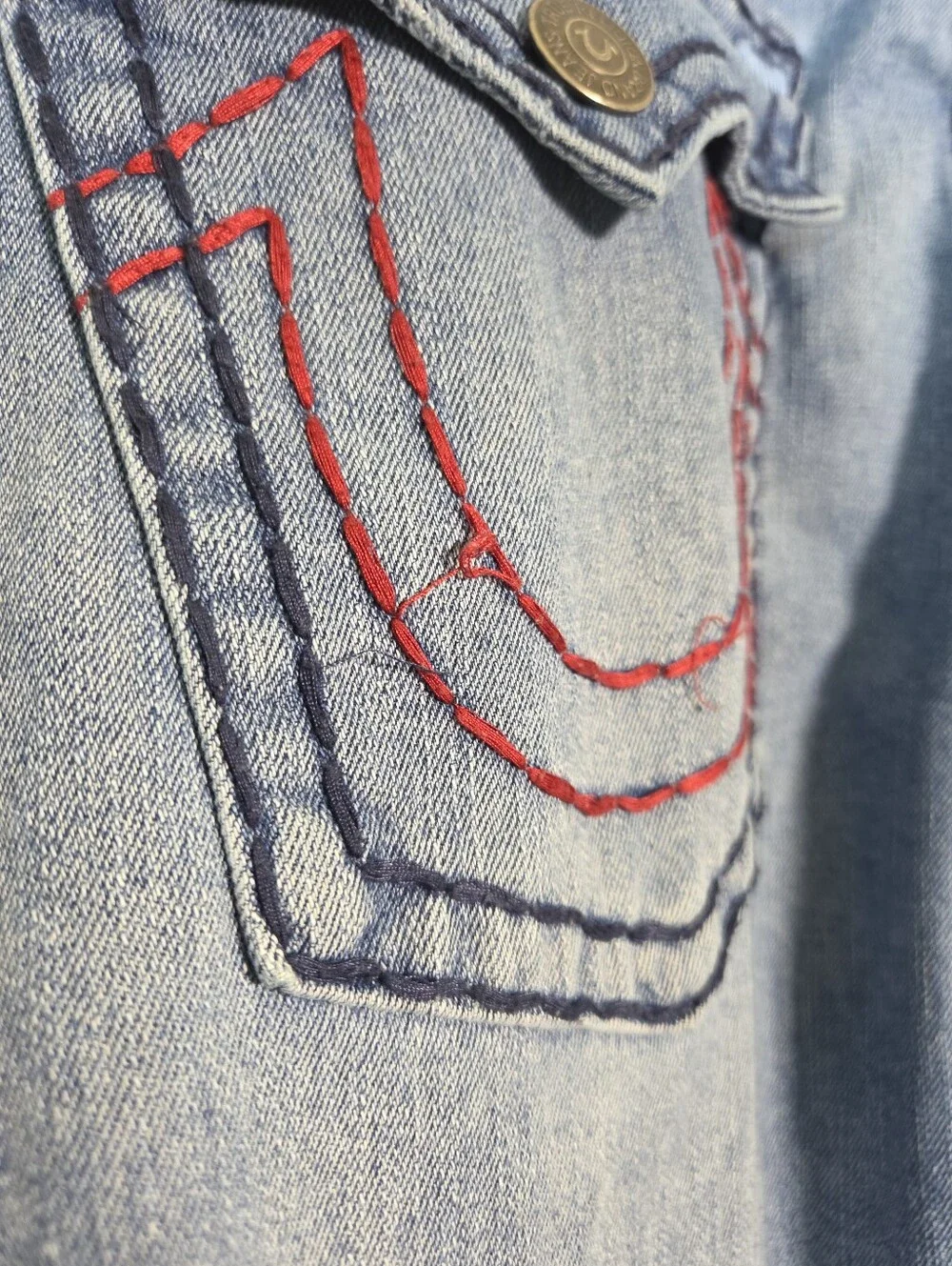 True Religion Mens Ricky Super T Flap Relaxed Straight Red Chain stitch Size 42